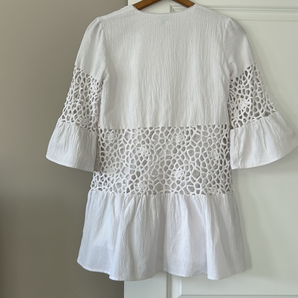 Tyler Boe Izzy Eyelet Topper Crochet Dress w Bell Sleeves Notch Neck White - Picture 10 of 15